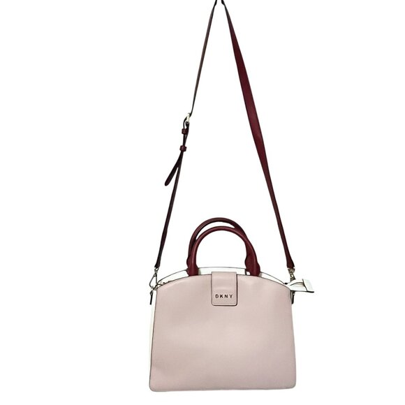 DKNY CLARA LEATHER SATCHEL CROSSBODY BAG RED PINK GOLD TONE COLORBLOCK NWT - Picture 2 of 13